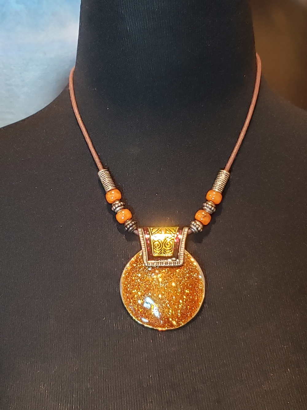 Artisan Boho Statement Necklace — Orange & Gold Glitter Pendant
